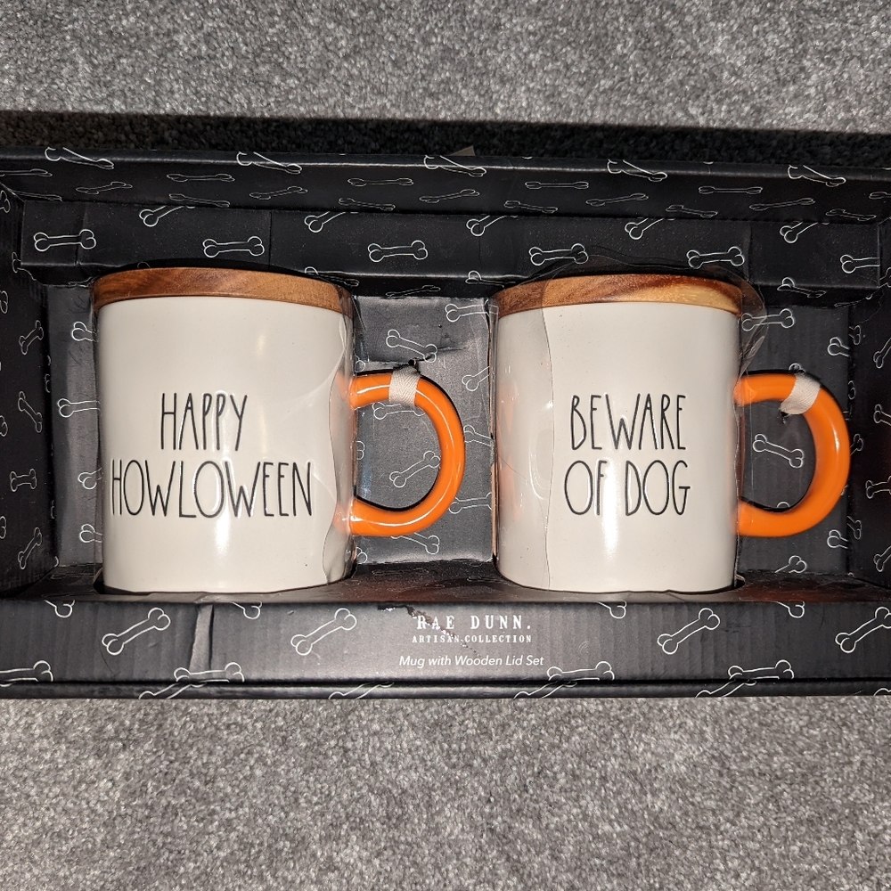 Rae Dunn Mugs with Wooden Lid Set